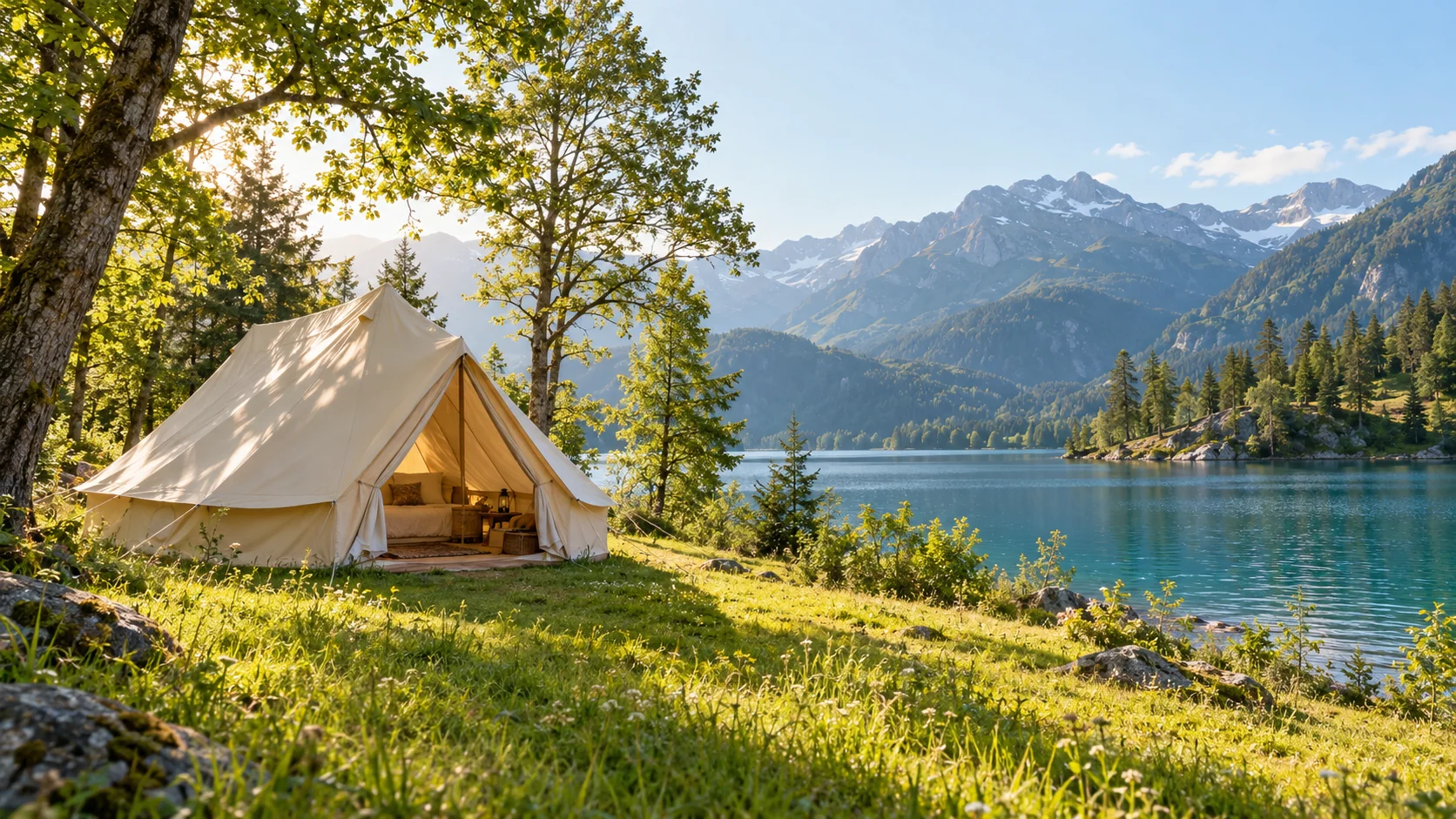 Imagined sunlit campsite with a canvas tent, green meadow and mountain lake